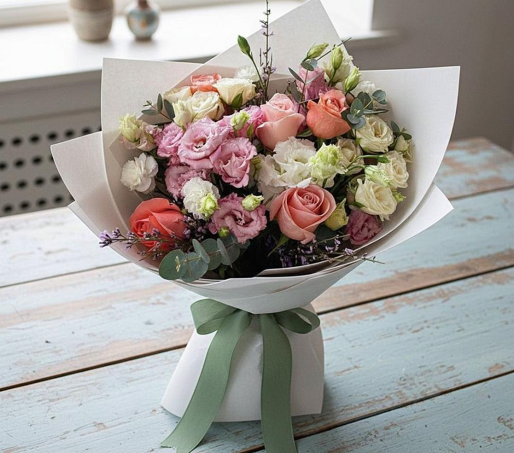 Букет цветов из: Розы, Лизиантусы и Гвоздики в Новоорске