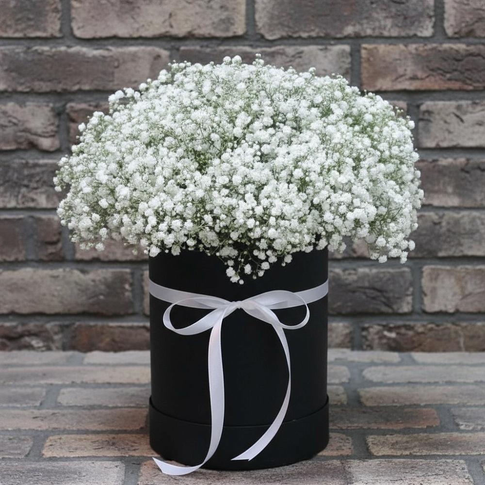 Цветочная композиция из Гипсофила в шляпной коробке в Новоорске