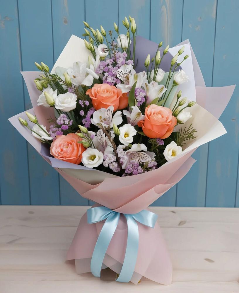 Букет цветов из: Лизиантусы, Розы, Альстромерии и Гипсофила в Новоорске